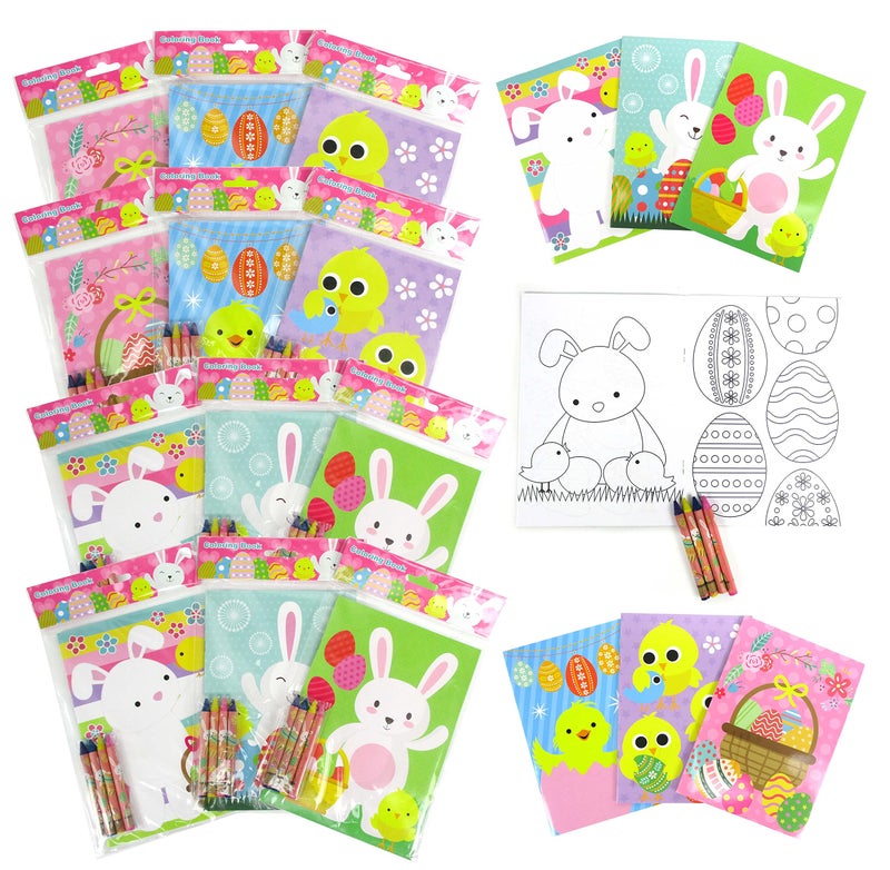 TINYMILLS Easter Coloring Books with Party Favors with 12 Books and 48 Crayons,Easter Prizes, Favor Bag Easter Basket Filler - Image 1